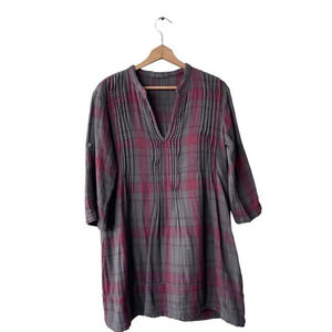 CP SHADE Plaid Tunic Women’s Size S Gray Gauze Cotton V-neck Roll-tab Blouse